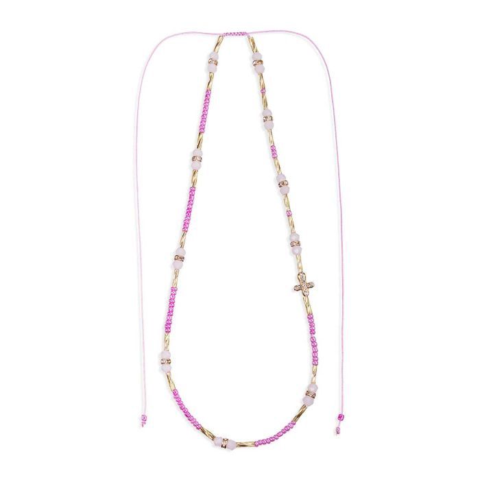 Pink Glass Bead Adjustable Necklace with Gold Tube Ends