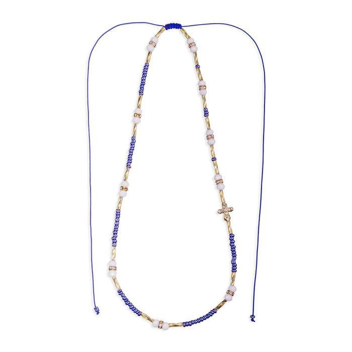 Blue Glass Adjustable Necklace with Gold Tube Ends
