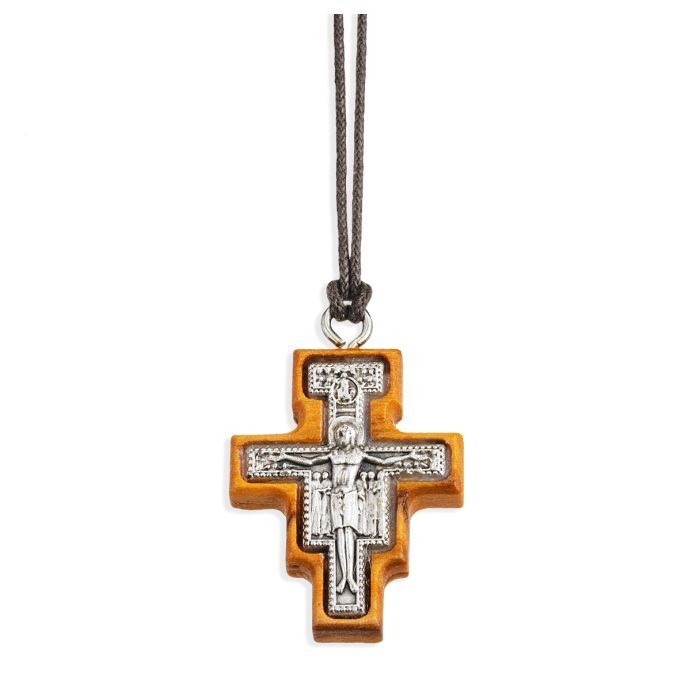 Olive Wood Cross with a San Damiano Silver Oxidized Inlay on a Brown Cord