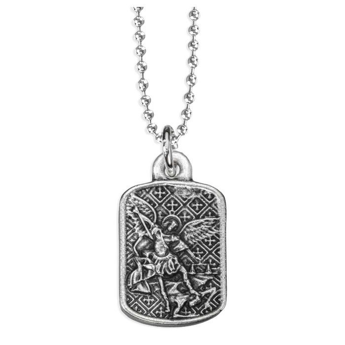 St. Michael Silver Oxidized Rectangle Medal 7/8 inch with 18&quot; Chain-Boxed