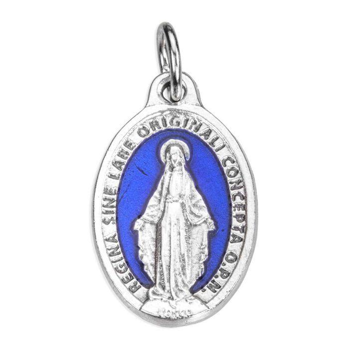 7/8&quot; Miraculous Medal in Antiqued Silver Finish with Blue Epoxy and Glitter