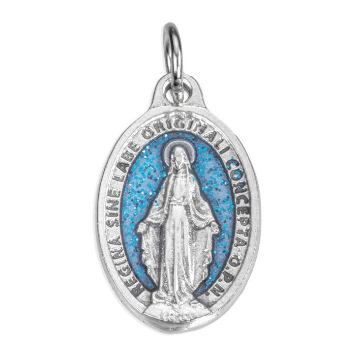 7/8&quot; Miraculous Medal in Antiqued Silver Finish with Aqua Epoxy and Glitter