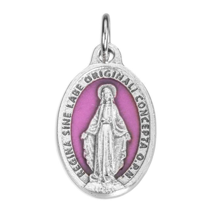 7/8&quot; Miraculous Medal in Antiqued Silver Finish with Rose Epoxy and Glitter