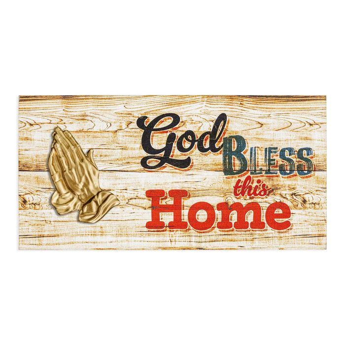 4 3/4&quot; x 3 7/8&quot; Wooden Plaque - God Bless This Home with Gold Tone Praying Hands Applique