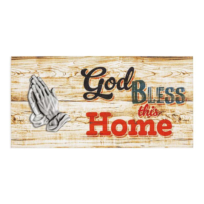 4 3/4&quot; x 3 7/8&quot; Wooden Plaque - God Bless This Home with Silver Tone Praying Hands Applique