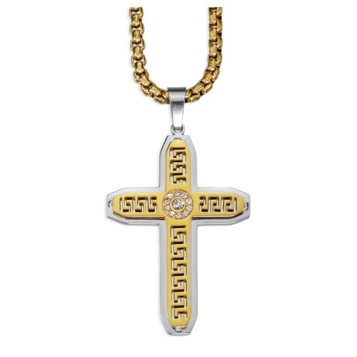 3.5 cm Gold and Silver Stainless Steel Cross on 24 inch Rolo gold-tone Chain