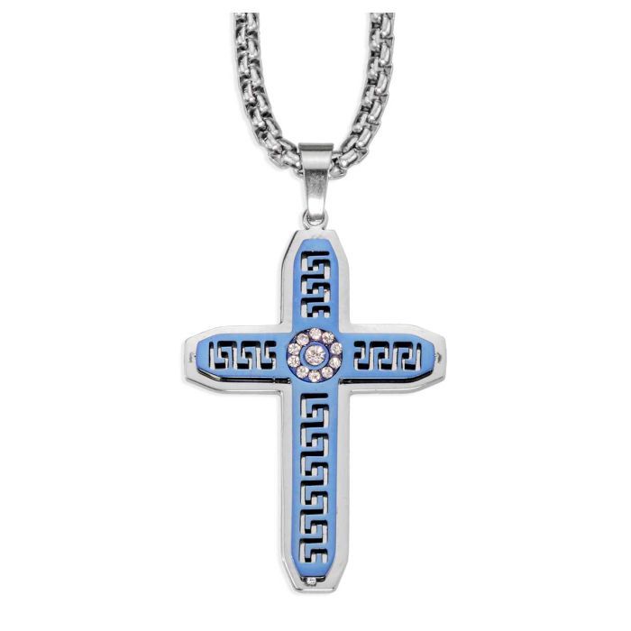 3.5cm Silver and Blue Stainless Steel Cross on 20 inch Silver-tone Rolo Chain