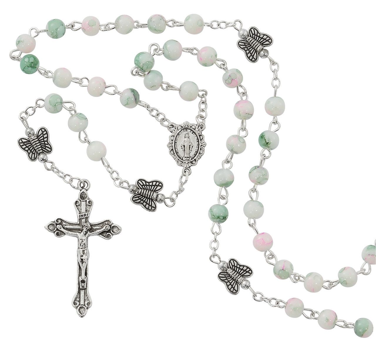 (R924W) PINK &amp; GREEN BUTTERFLY ROSARY