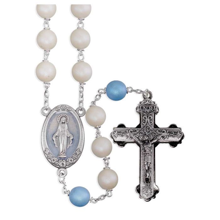 10mm Madre Perla Frosted White Lock Linked Beads with 10mm Madre Perla Our Father Beads and Mirac. Med Ctr