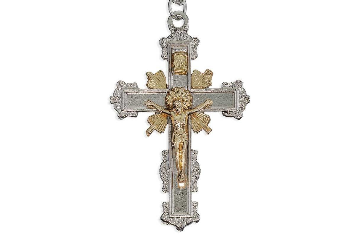 2 inch Silver Finish Baroque Crucifix with Gold-Plated Sunburst and Jesus Corpus