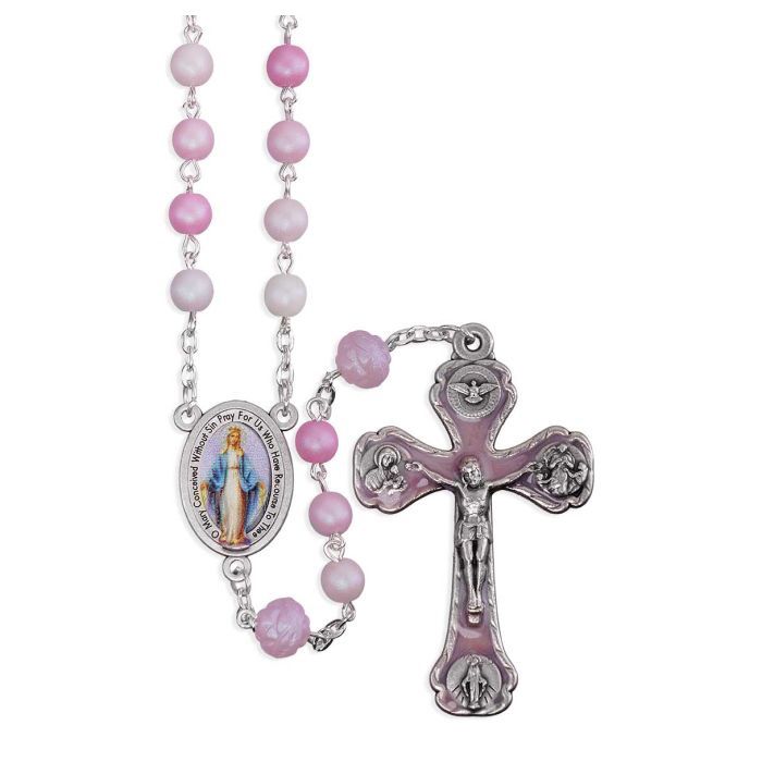 6mm Madre Perla Frosted (Multiple Pinks) with 8mm Rosebud Our Father Beads, Mir Medal Ctr and Crucifix