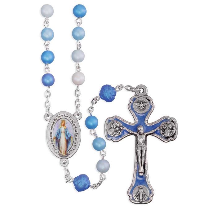 6mm Madre Perla Frosted (Multiple Blues) with 8mm Rosebud Our Father Beads, Mir Medal Ctr. and Crucifix with Matching Epoxy