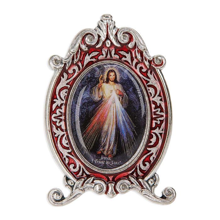 2.5 inch Divine Mercy Metal (with Red Epoxy) Plaque with Easel