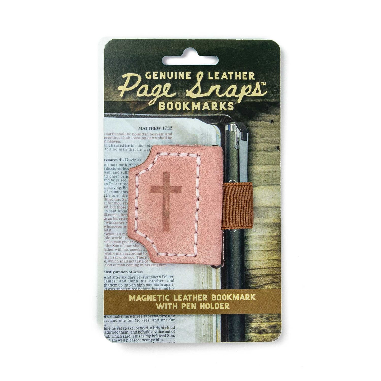Page Snaps Genuine Leather Bookmark – Cross, Pink