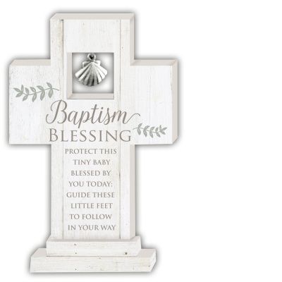 BAPTISM BLESSING 6 IN STANDING CROSS W/SHELL CHARM GIFT BOXED