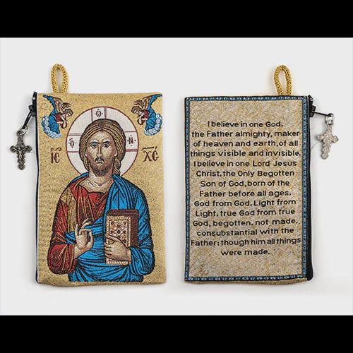Woven Tapestry Rosary Pouch, Jewelry &amp; Coin Purse - Jesus King of the Universe &amp; I Believe in God Prayer