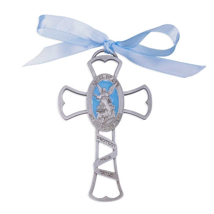 Guardian angel Pewter Cross w/ Blue Epoxy &amp; Blue Ribbon