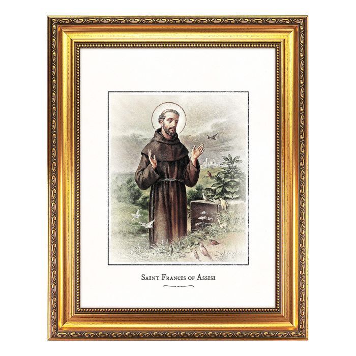 15.5 x 19.5" Antique Gold Leaf Beveled Frame with Bead Inlay with St. Francis of Assisi