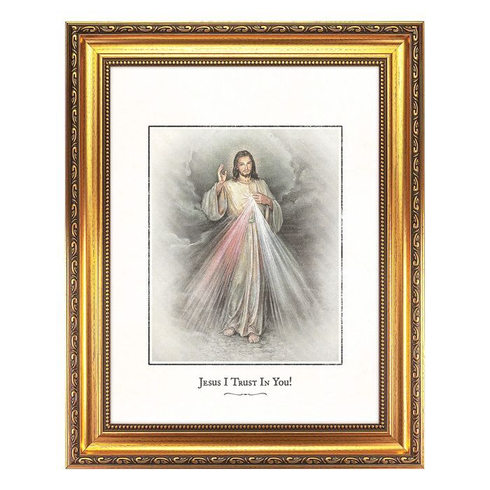 15.5 x 19.5" Antique Gold Leaf Beveled Frame with Bead Inlay with a Divine Mercy