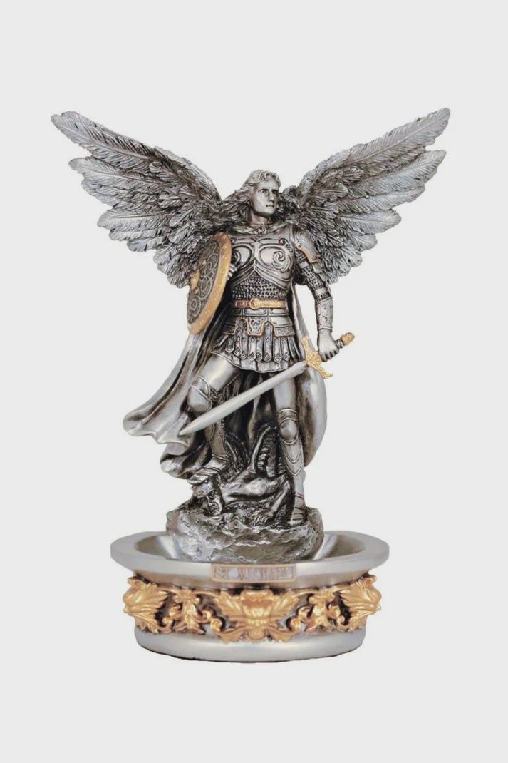 St. Michael holy water font in pewter style finish with gold highlights