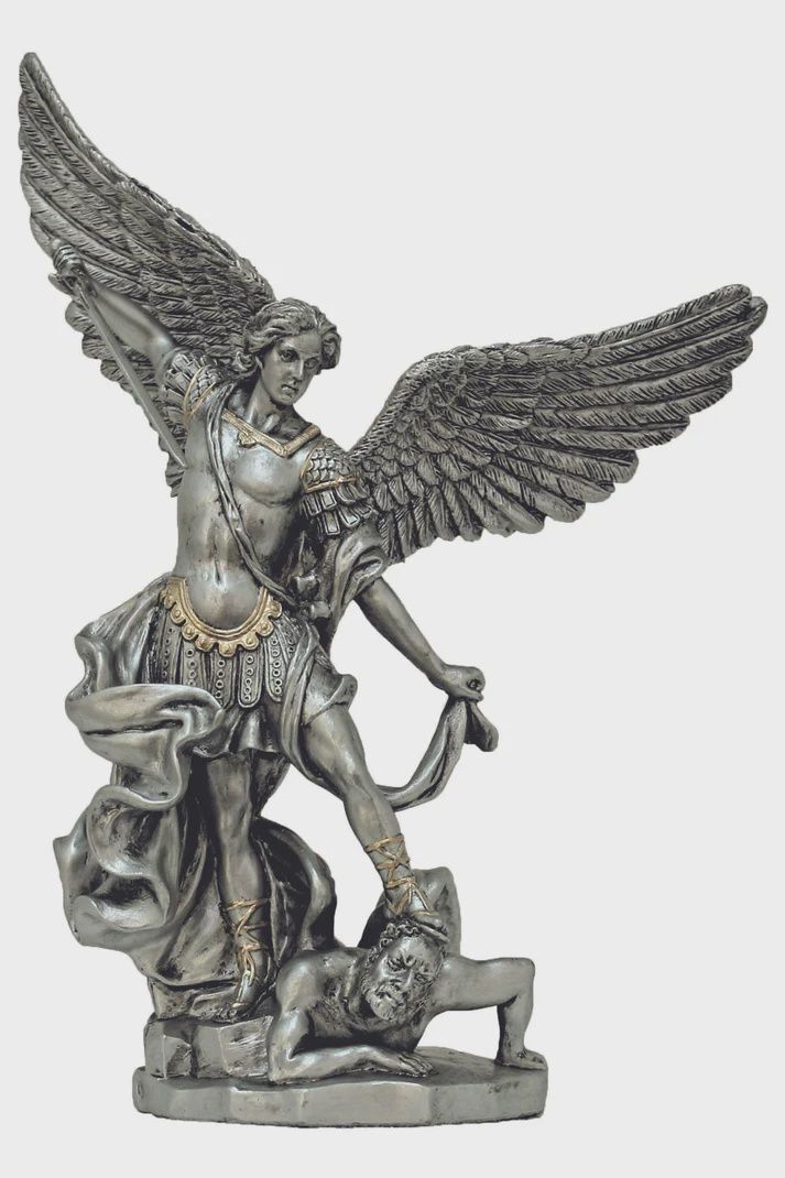 St. Michael in pewter style finish with gold highlights
