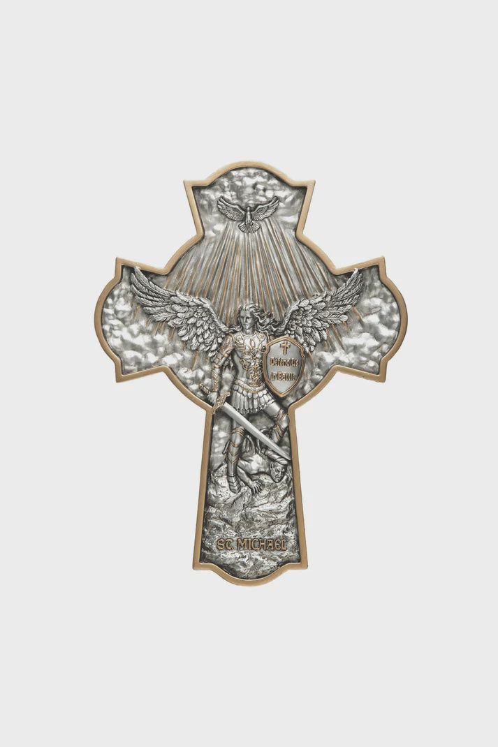 St. Michael crucifixion plaque in pewter style finish with gold highlights