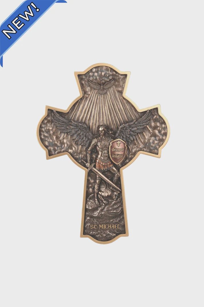 St. Michael crucifixion plaque in lightly hand-painted cold cast bronze