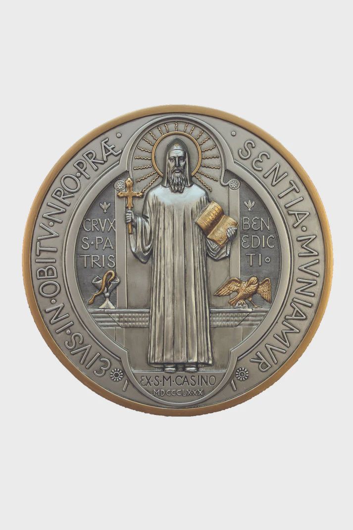St. Benedict medal in pewter style finish with gold highlights