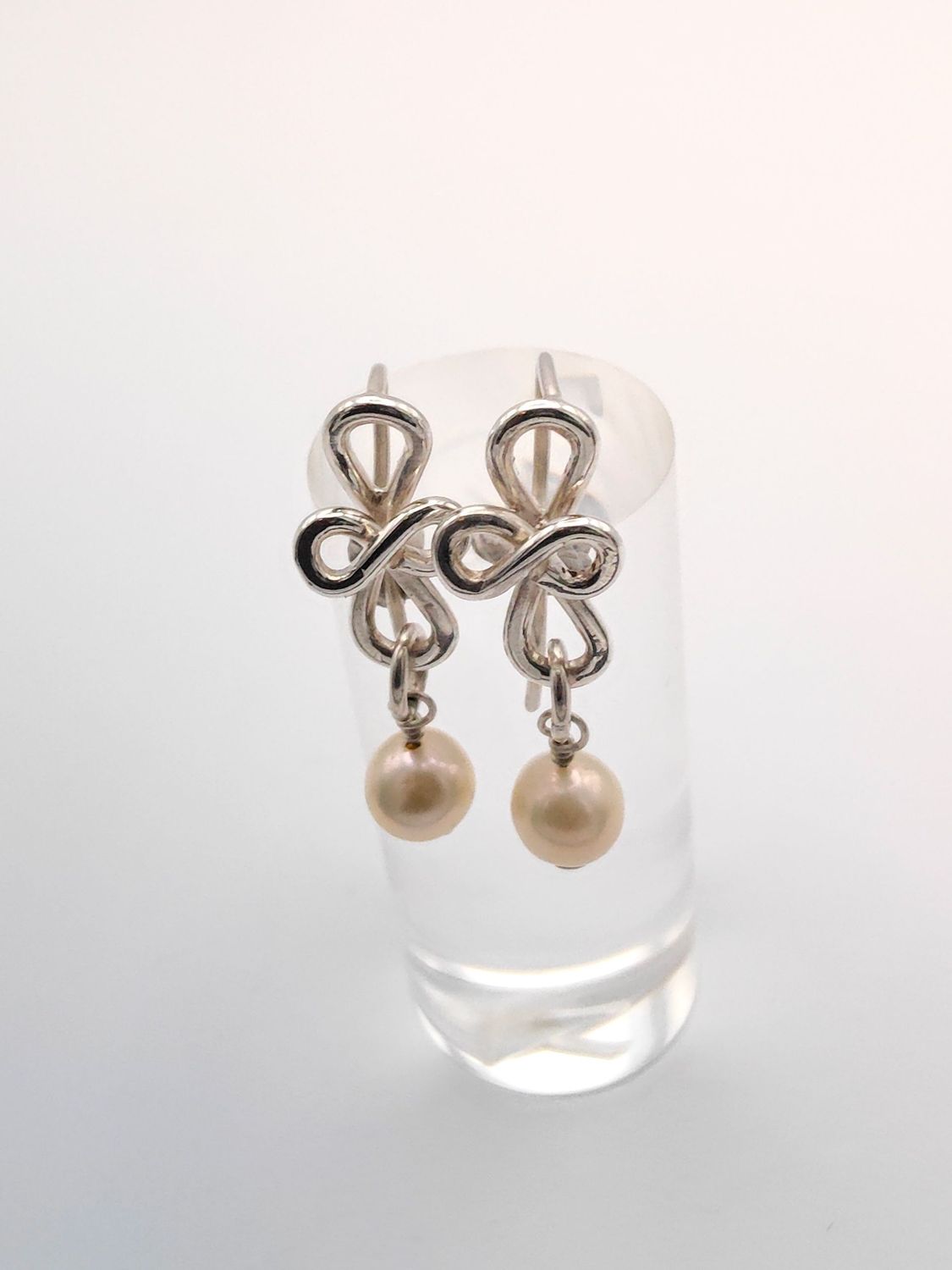 Abstract Fleur de Lis Pearl & Silver Earrings