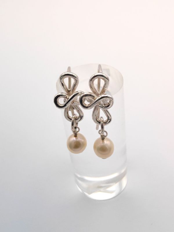 Abstract Fleur de Lis Pearl & Silver Earrings