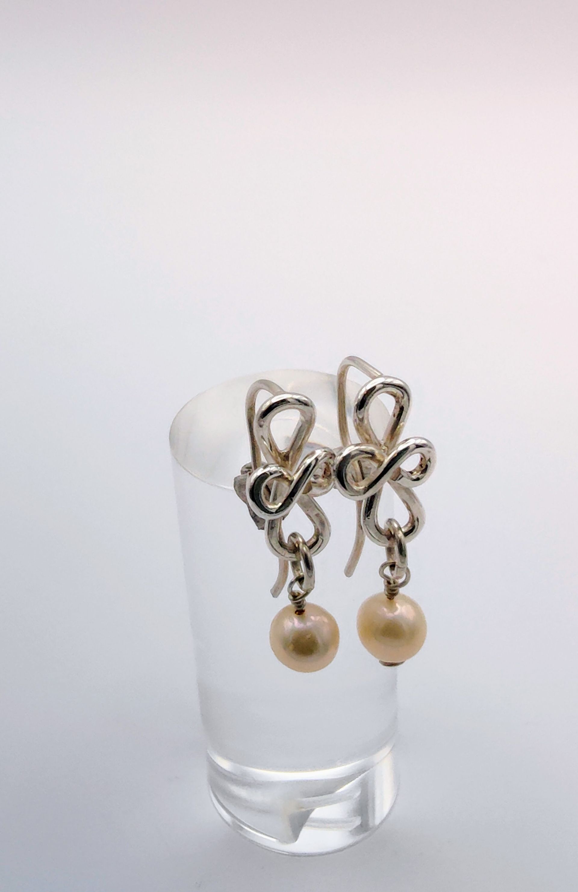 Abstract Fleur de Lis Pearl & Silver Earrings