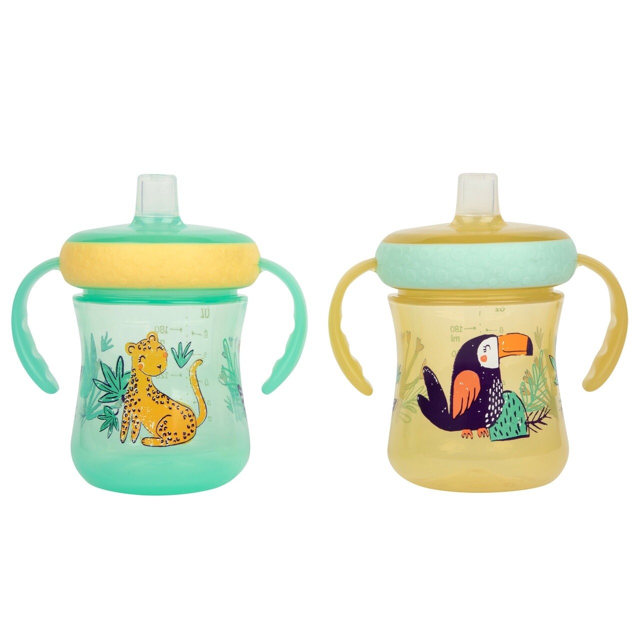 The First Years Soft Spout Trainer Cups for Baby 2-pack – Leopard &amp; Toucan