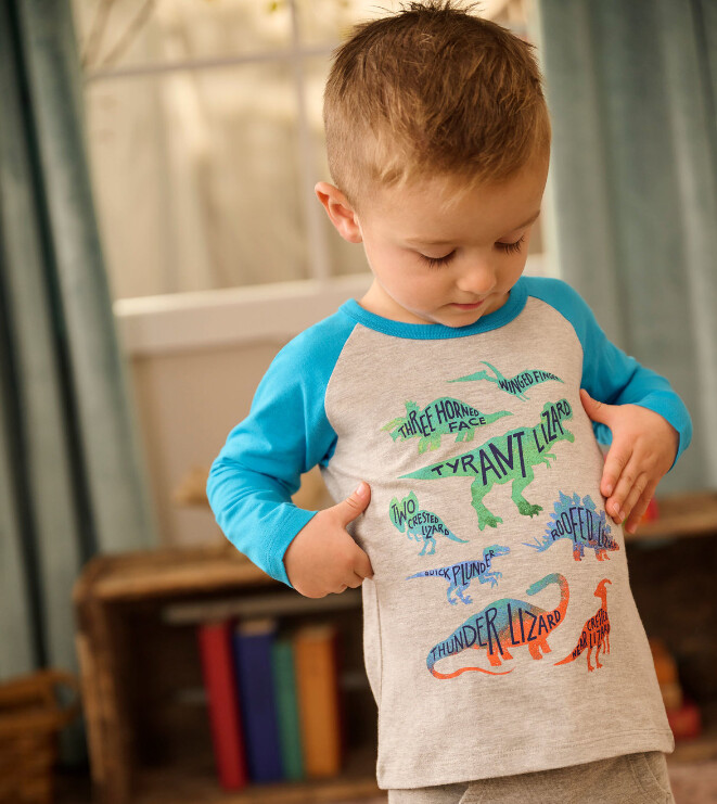 Hatley Long Sleeve Dino Baby Tee- Cream/Turquois