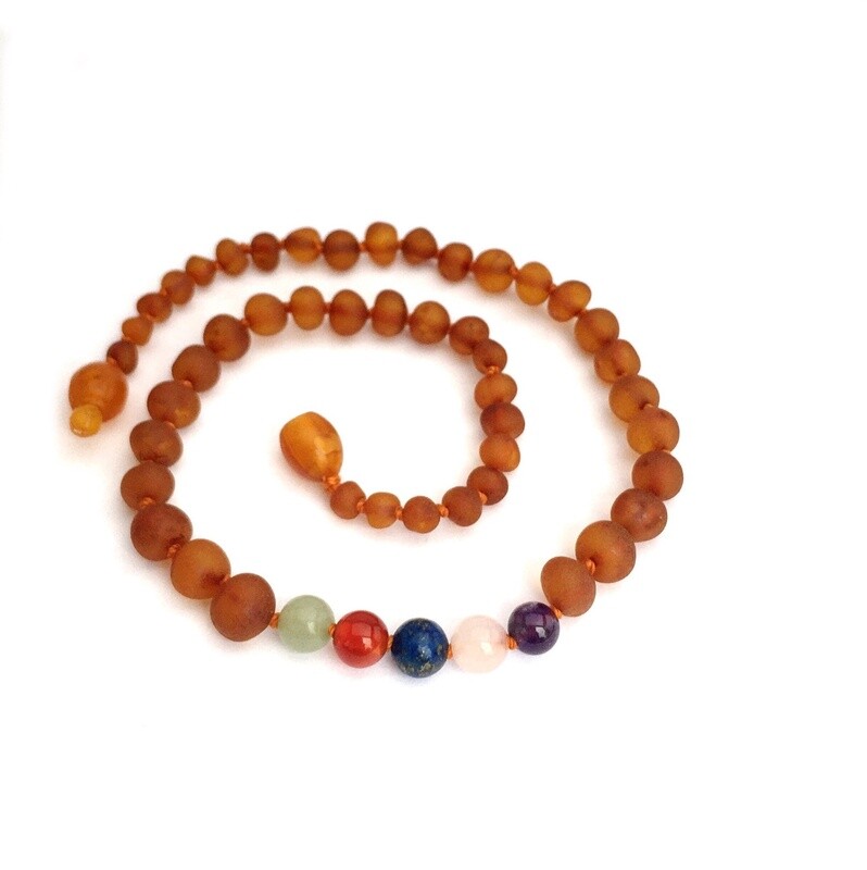 Amber Goose Infant Amber &amp; Gemstne Necklace- Cognac rainbow