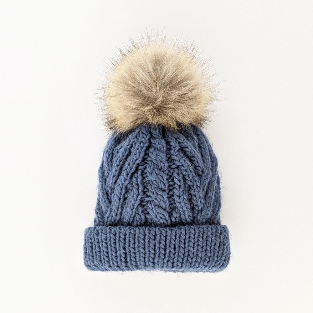 Pompom cable winter hat- Slate Blue