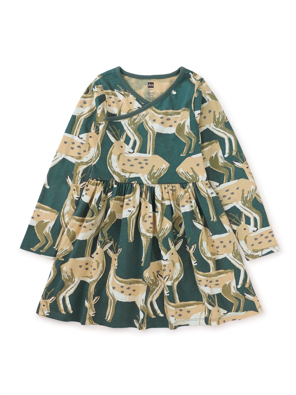 Tea-Long Sleeve Wrap Neck Dress- Painted Deer, Size: 2