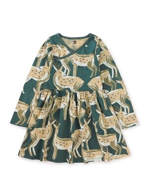 Tea-Long Sleeve Wrap Neck Dress- Painted Deer