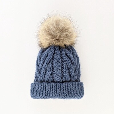 Pompom Cable Winter Baby Hat- Slate Blue
