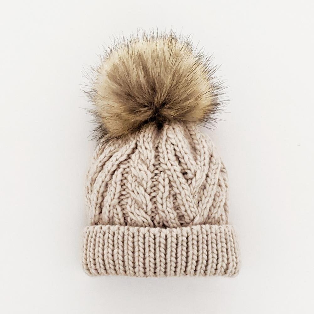 Pompom Cable Winter Hat- Oatmeal