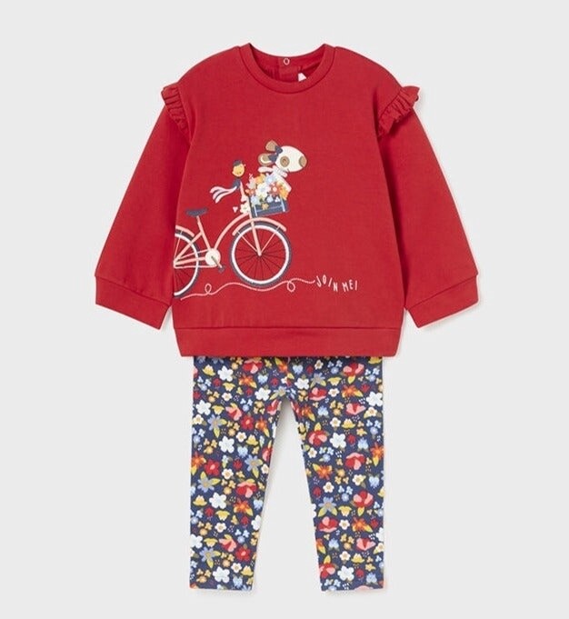 Mayoral Bicycle Sweatshirt &amp; Floral Legging Outfit- Red, Size: 3-6m