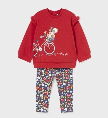 Mayoral Bicycle Sweatshirt &amp; Floral Legging Outfit- Red