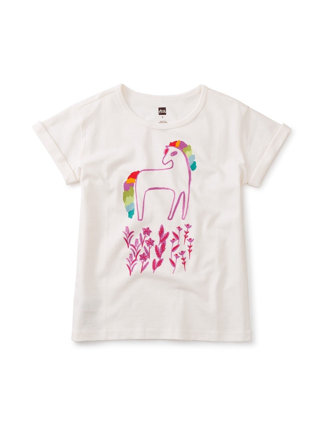 Tea Rolled Sleeve  Horse Tee- Chalk