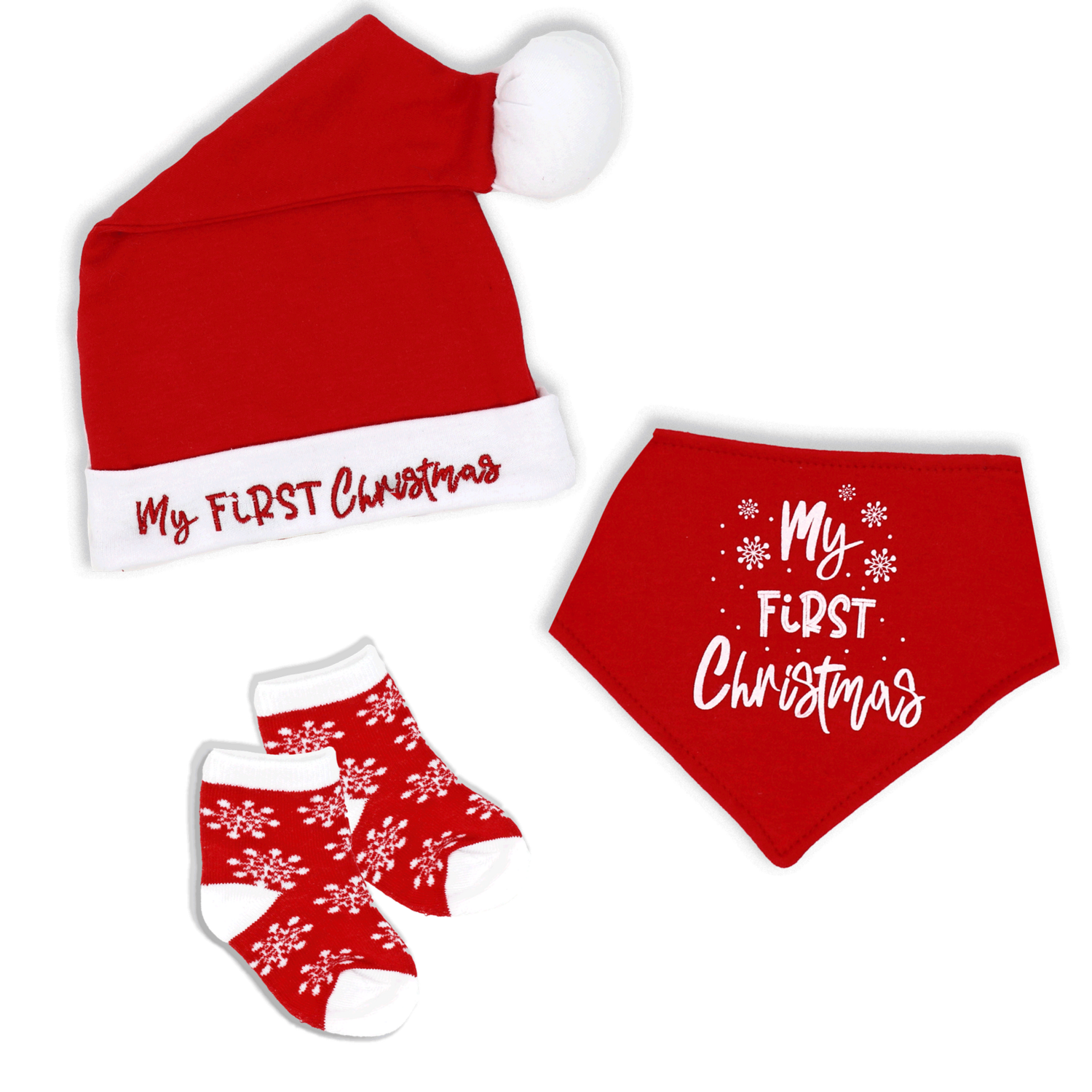 First Christmas 3 Piece Hat/Bib/Sock Set- 0-6m