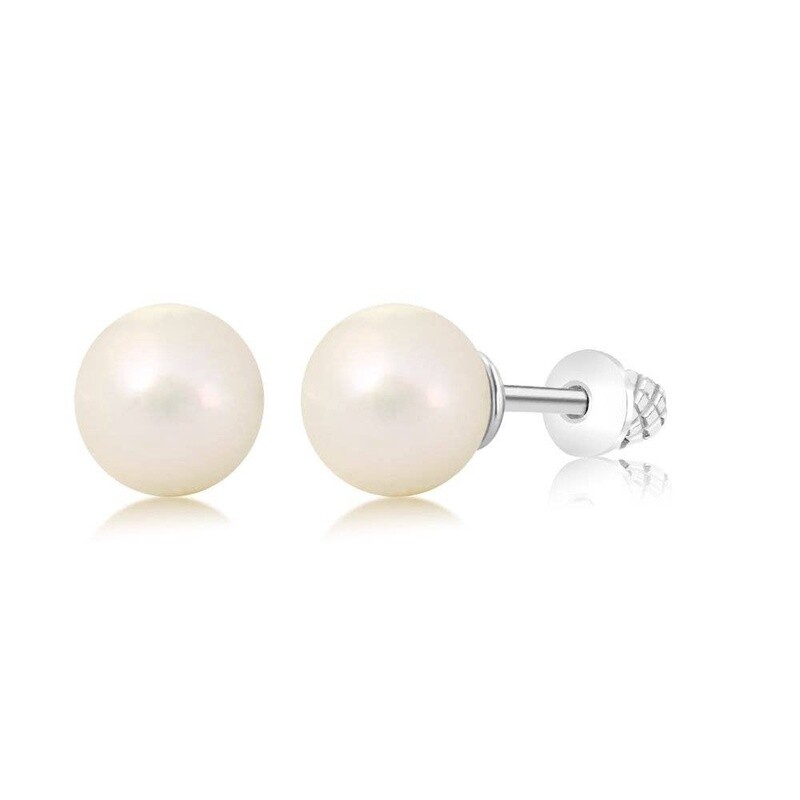 Chanteur - Girls Screwback Stud Earrings - White Pearl Palladium Plating
