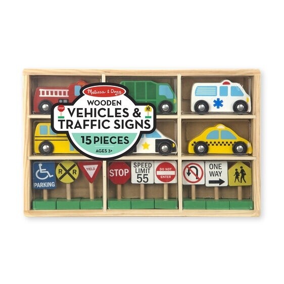 Melissa &amp; Doug wooden vehicle &amp; traffc sign
