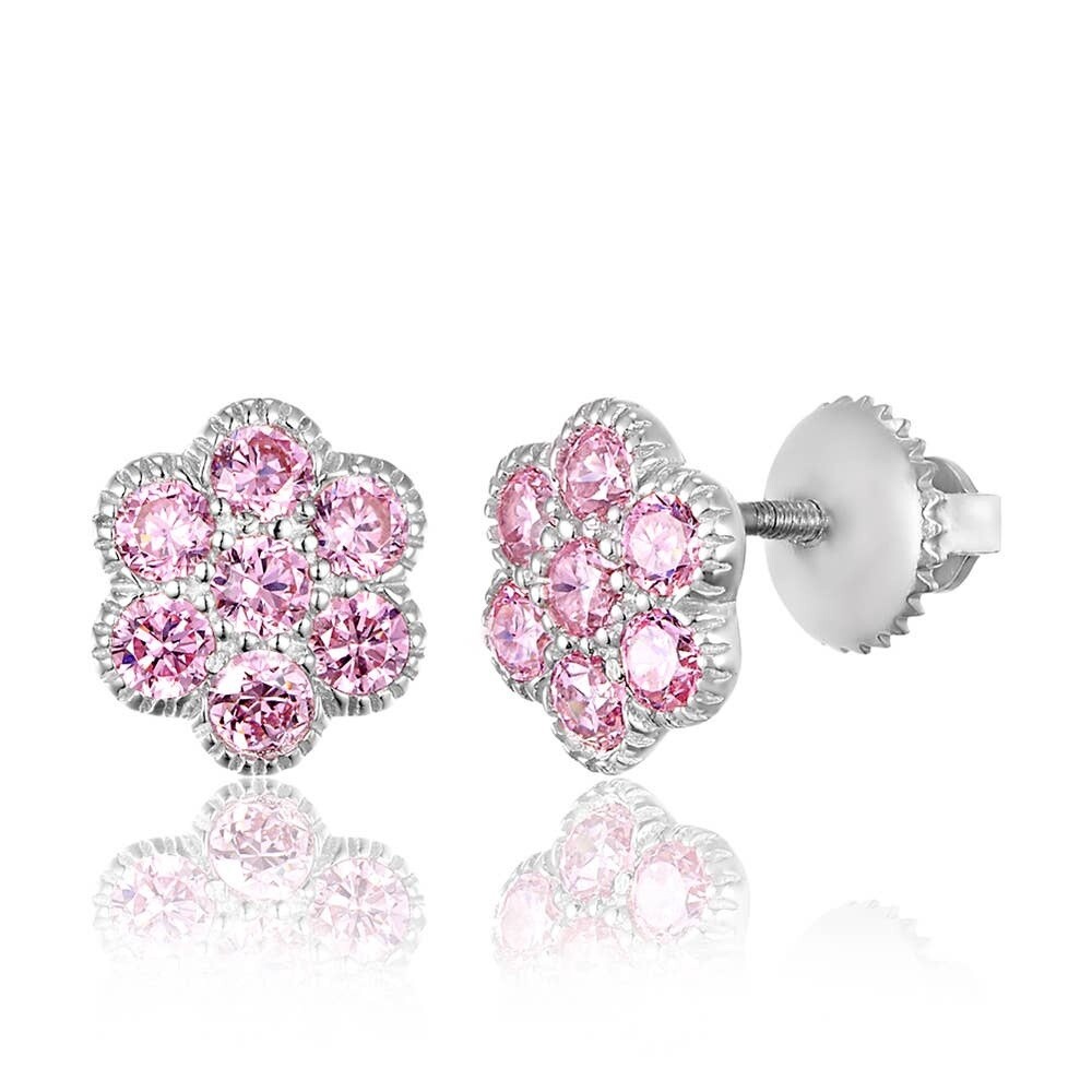 Chanteur - Flower Stud Screwback Earrings - Silver with Pink Stones