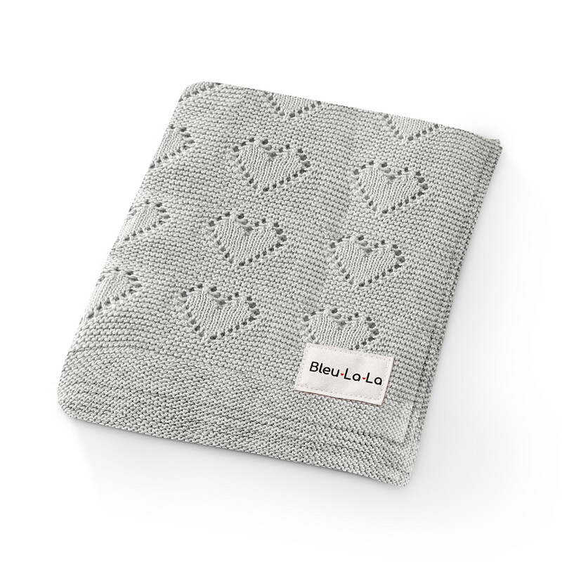 Bleu La La 100% Luxury Cotton Heart Pointelle Baby Blanket- Grey