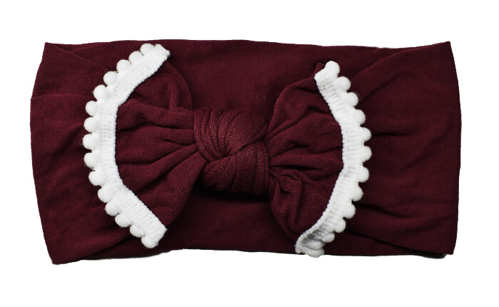 Nylon Pompom Bowknot Headband- Burgundy