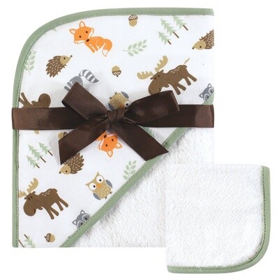 Hudson Baby Cotton Hooded Towel and Washcloth- Woodland