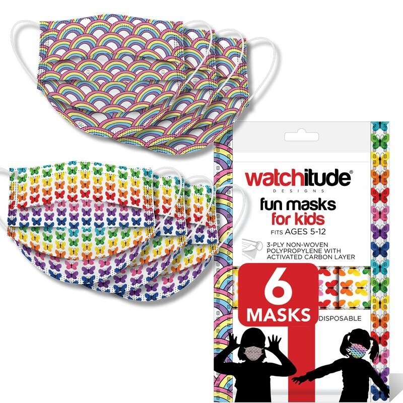 Watchitude 6 pack kids disposable non-medical face mask- butterfly &amp; rainbow
